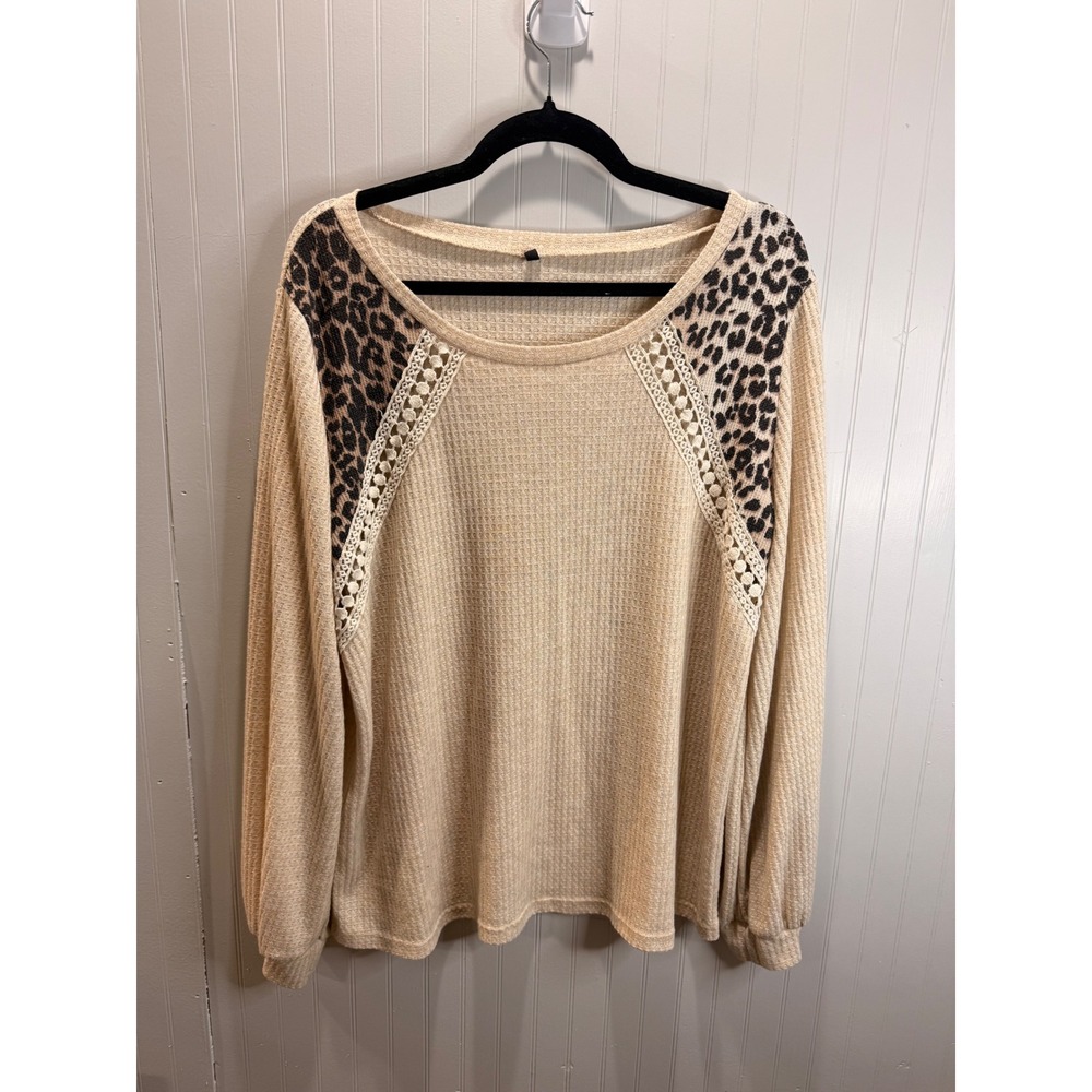Waffle Knit Long Sleeve Top Beige Thermal Crew Neck‎ Casual Shirt Large
